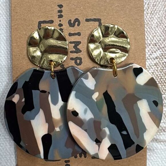 Camo Marble Acetate & Gold Drop Earrings - Geo Circle - Picture 2 of 3
